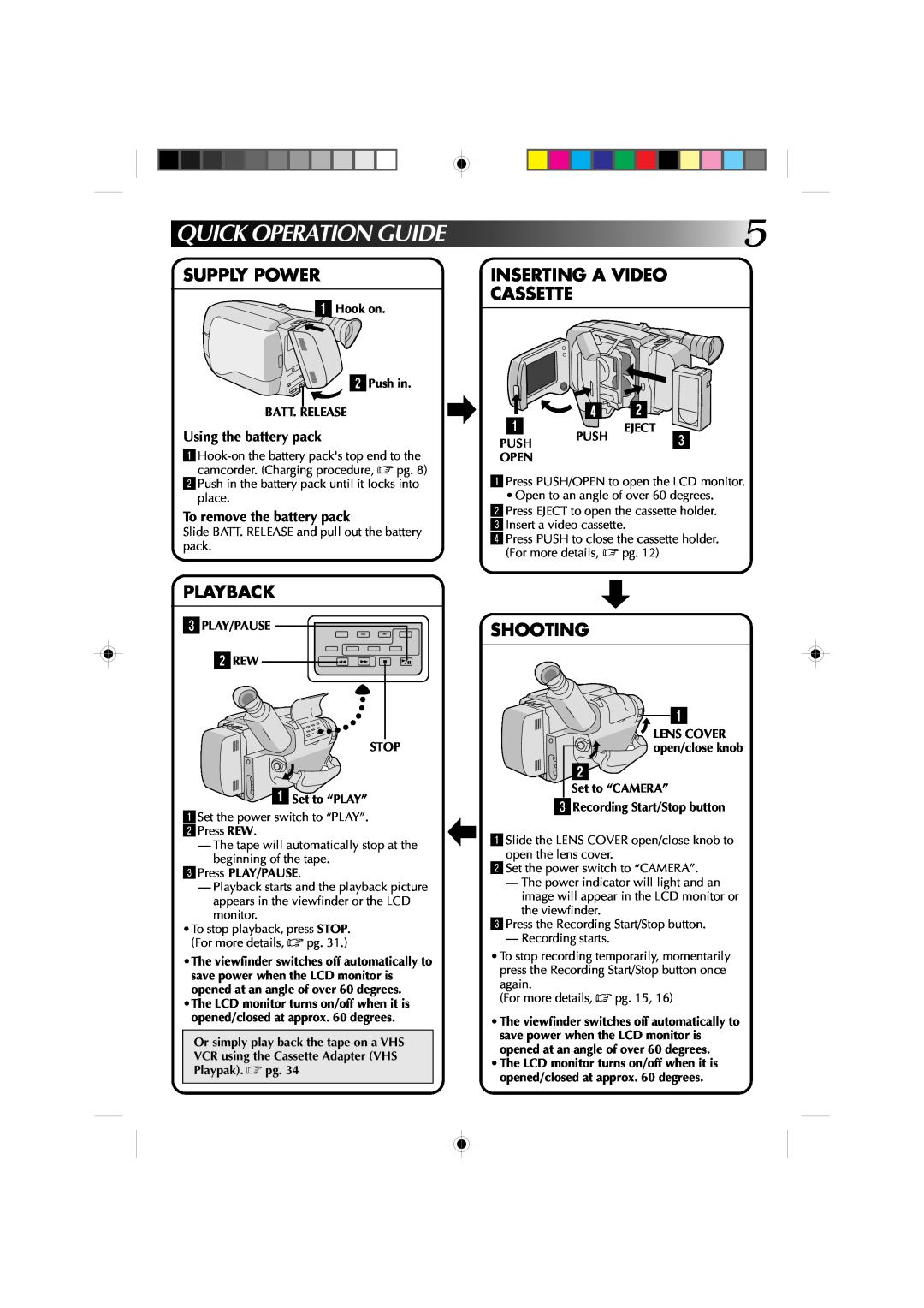 JVC GR-AXM1U Quick Operation Guide, Supply Power, Playback, Inserting A Video Cassette, Shooting, Using the battery pack 