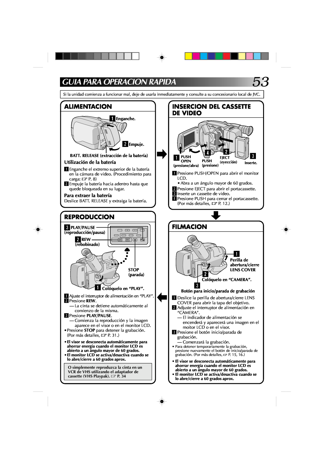 JVC GR-AXM1U manual Guia Para Operacion Rapida, Alimentacion, Insercion Del Cassette De Video, Reproduccion, Filmacion 