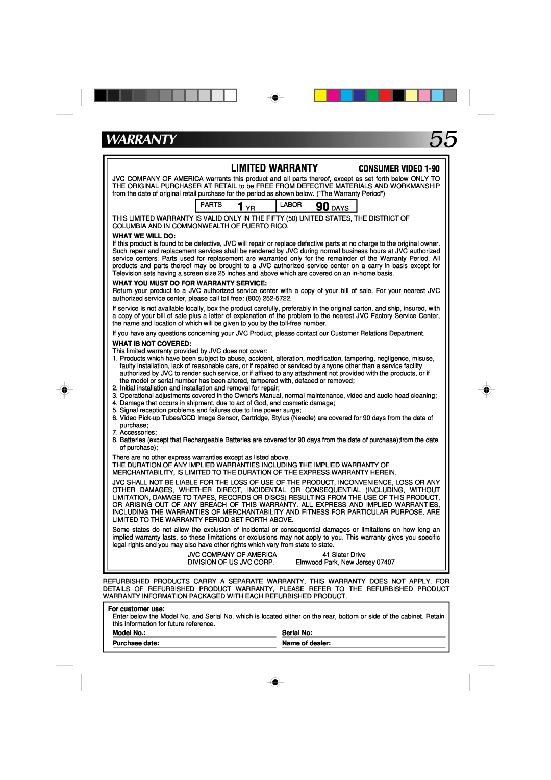 JVC GR-AXM1U manual 1 YR, Limited Warranty 