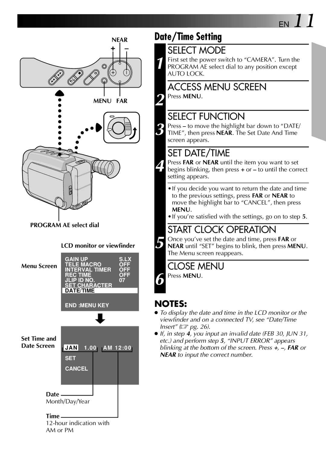 JVC GR-AXM2 manual Start Clock Operation, Close Menu, Near Menu FAR 