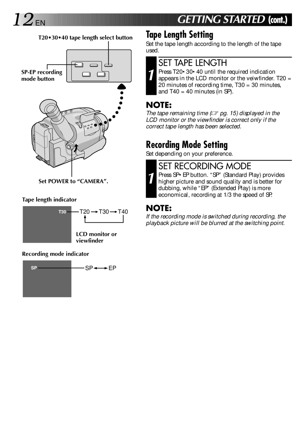 JVC GR-AXM2 manual Recording Mode Setting, SET Tape Length, SET Recording Mode, Set Power to Camera Tape length indicator 