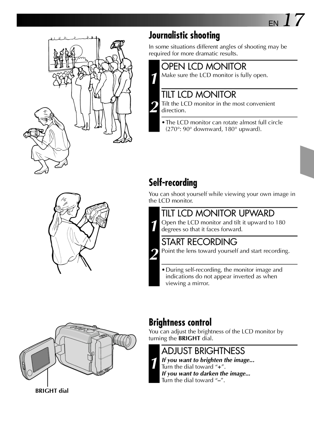 JVC GR-AXM2 manual Journalistic shooting, Self-recording, Brightness control 