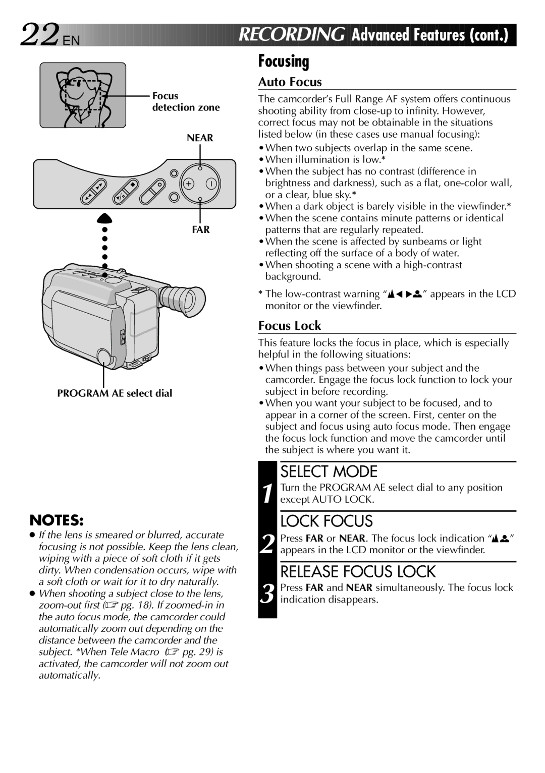 JVC GR-AXM2 manual Focusing, Lock Focus, Release Focus Lock, Near FAR, Program AE select dial 