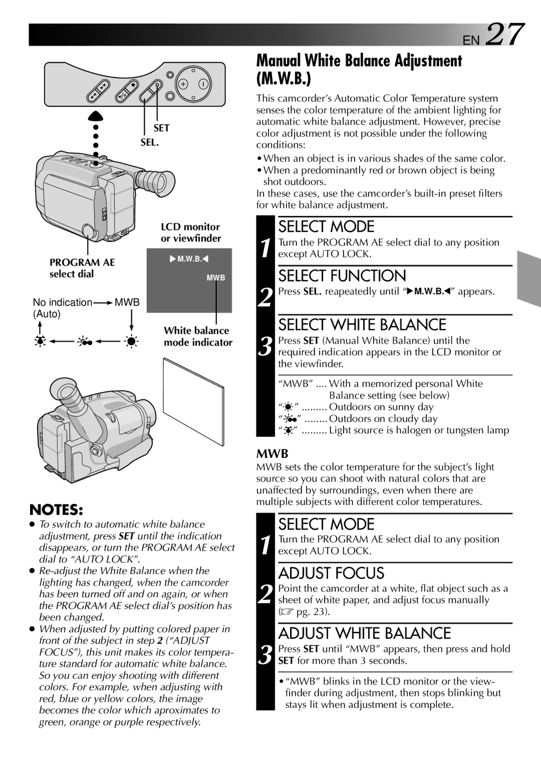 JVC GR-AXM2 manual Manual White Balance Adjustment M.W.B, Select White Balance, Adjust Focus, Adjust White Balance 