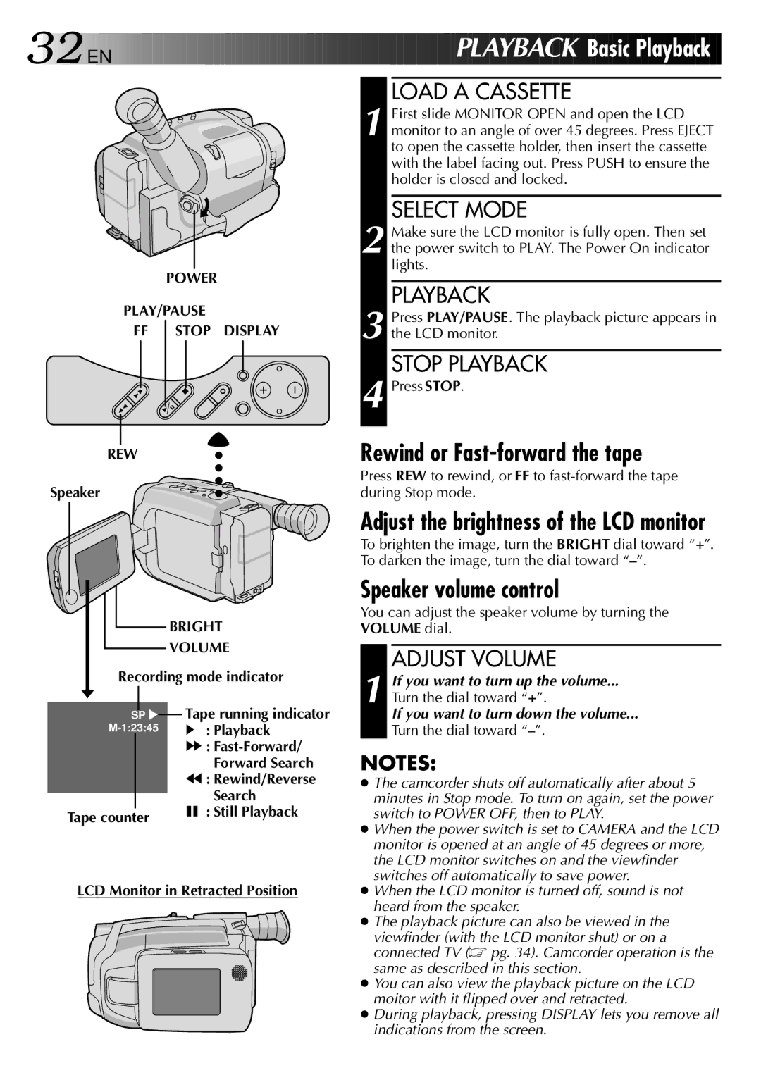 JVC GR-AXM2 manual Rewind or Fast-forward the tape, Speaker volume control, Stop Playback, Adjust Volume 