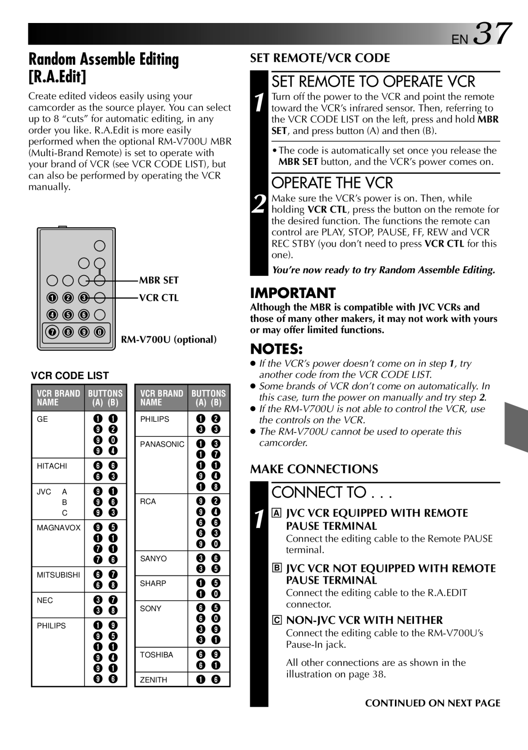 JVC GR-AXM2 manual Random Assemble Editing R.A.Edit, SET Remote to Operate VCR, Operate the VCR, Connect to 