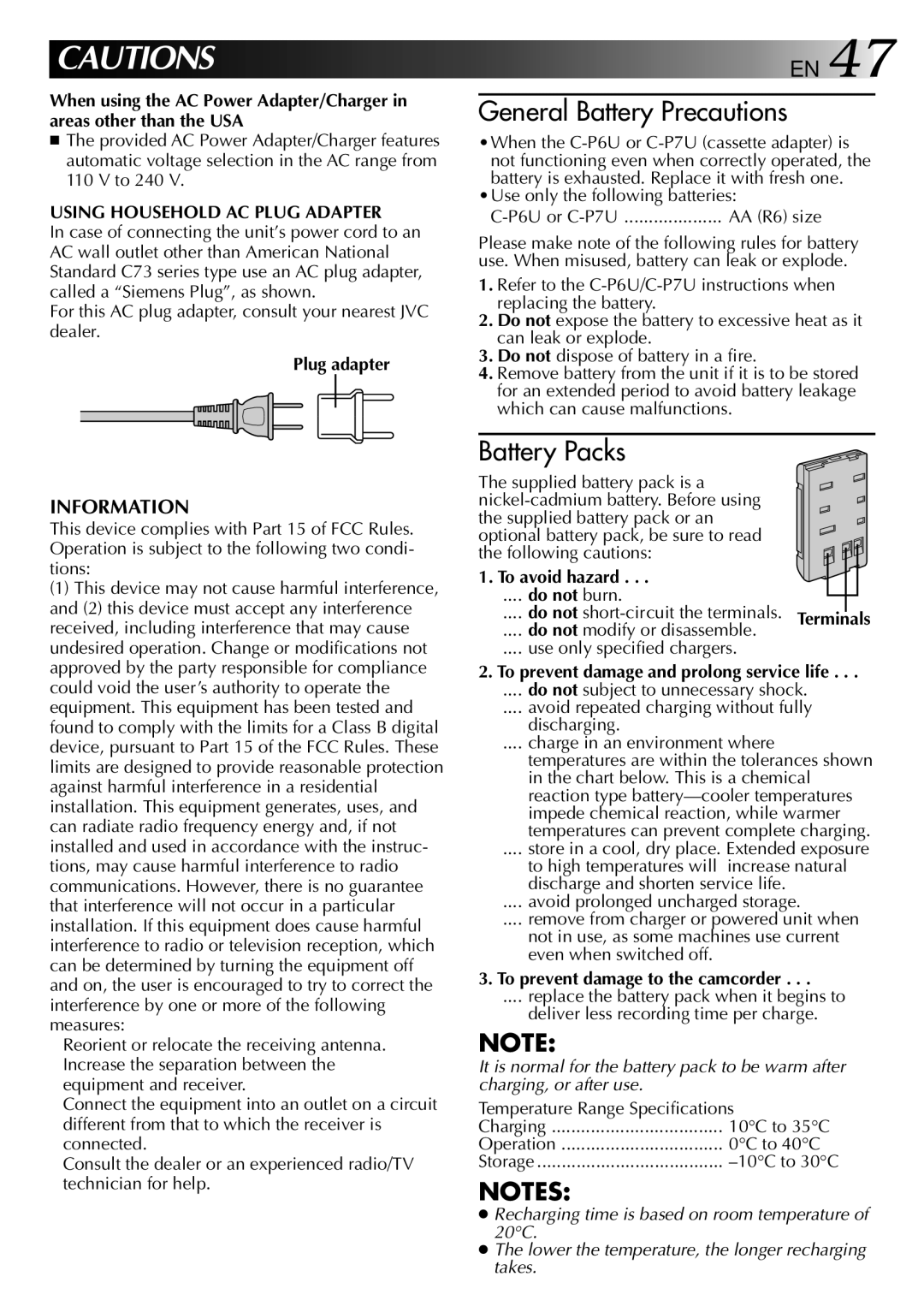 JVC GR-AXM2 manual Information, Using Household AC Plug Adapter 