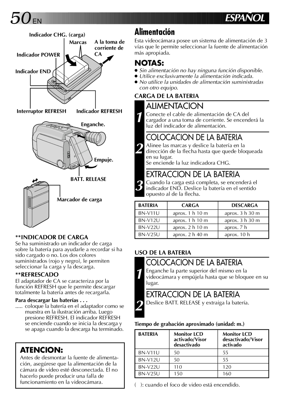 JVC GR-AXM2 manual Alimentación, Alimentacion, Colocacion DE LA Bateria, Extraccion DE LA Bateria 