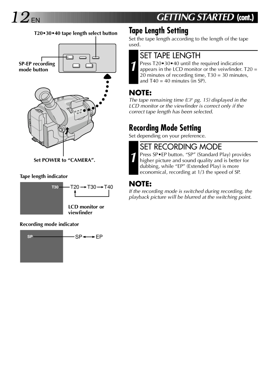 JVC GR-AXM20 manual Recording Mode Setting, SET Tape Length, SET Recording Mode, Set Power to Camera Tape length indicator 