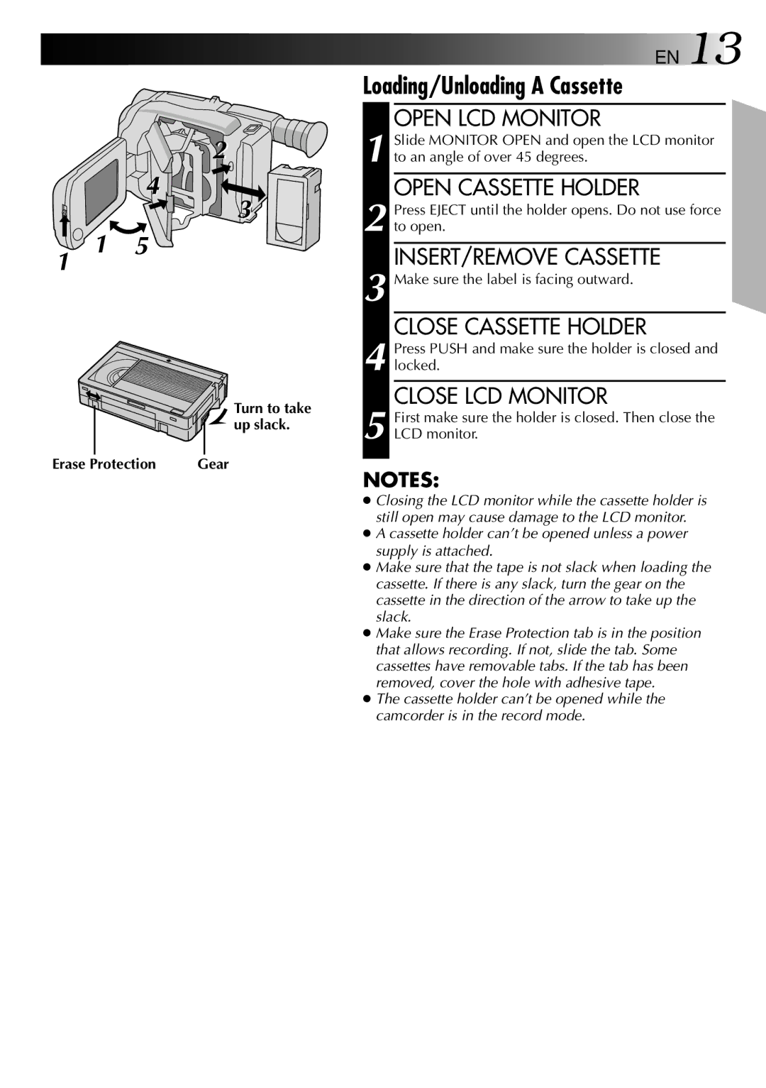 JVC GR-AXM10, GR-AXM20 manual Loading/Unloading a Cassette 