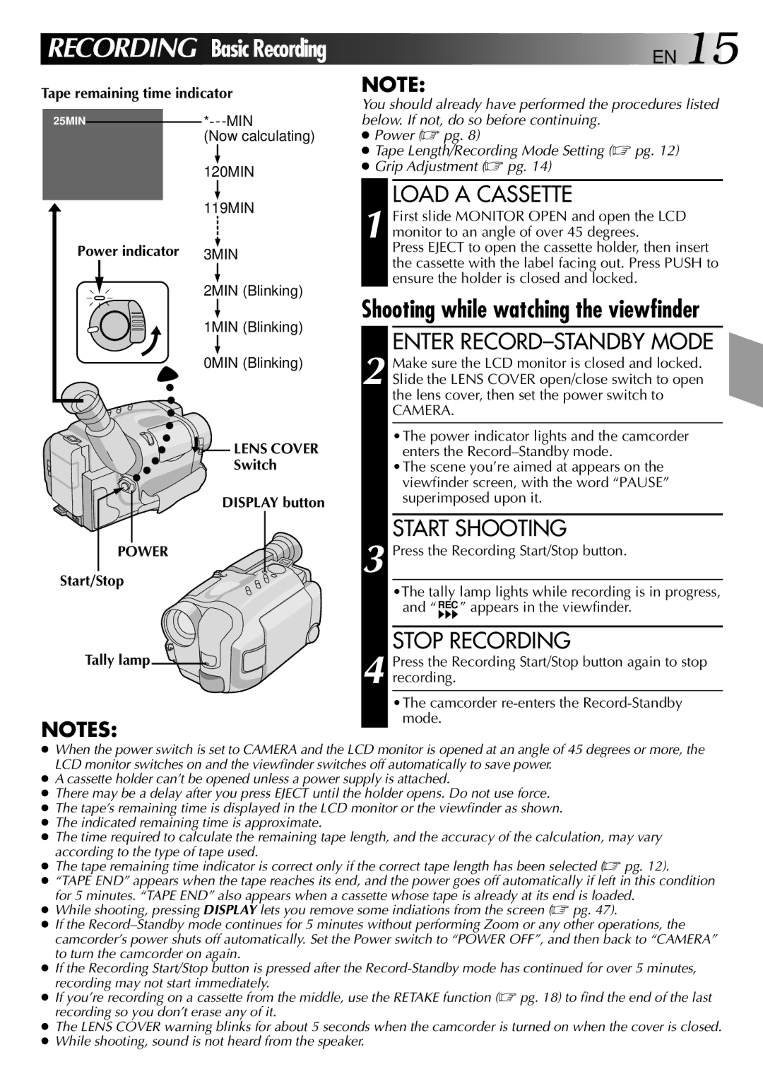 JVC GR-AXM10, GR-AXM20 manual Load a Cassette, Enter RECORD-STANDBY Mode, Start Shooting, Stop Recording 