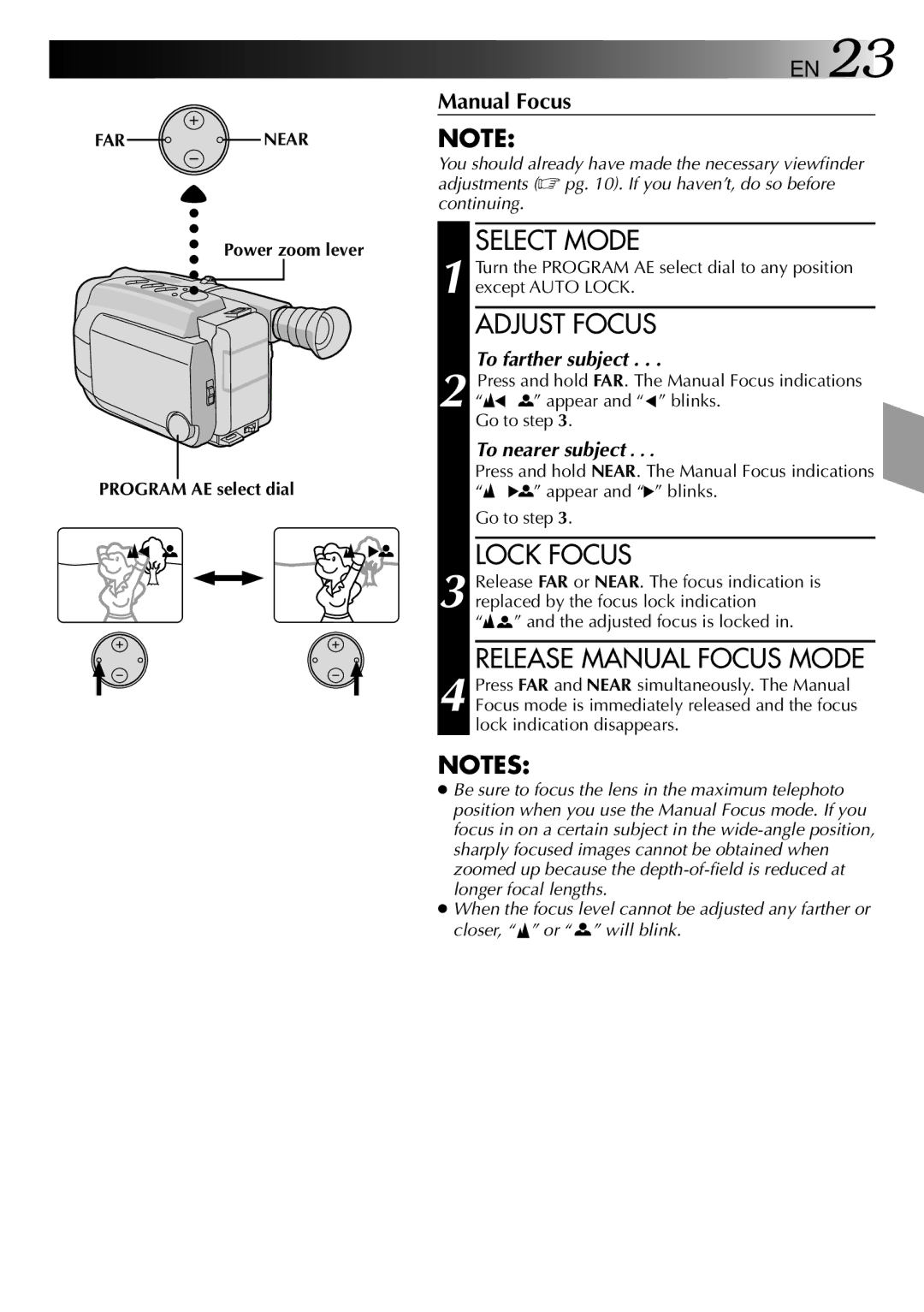 JVC GR-AXM10, GR-AXM20 manual FAR Near, Power zoom lever Program AE select dial 