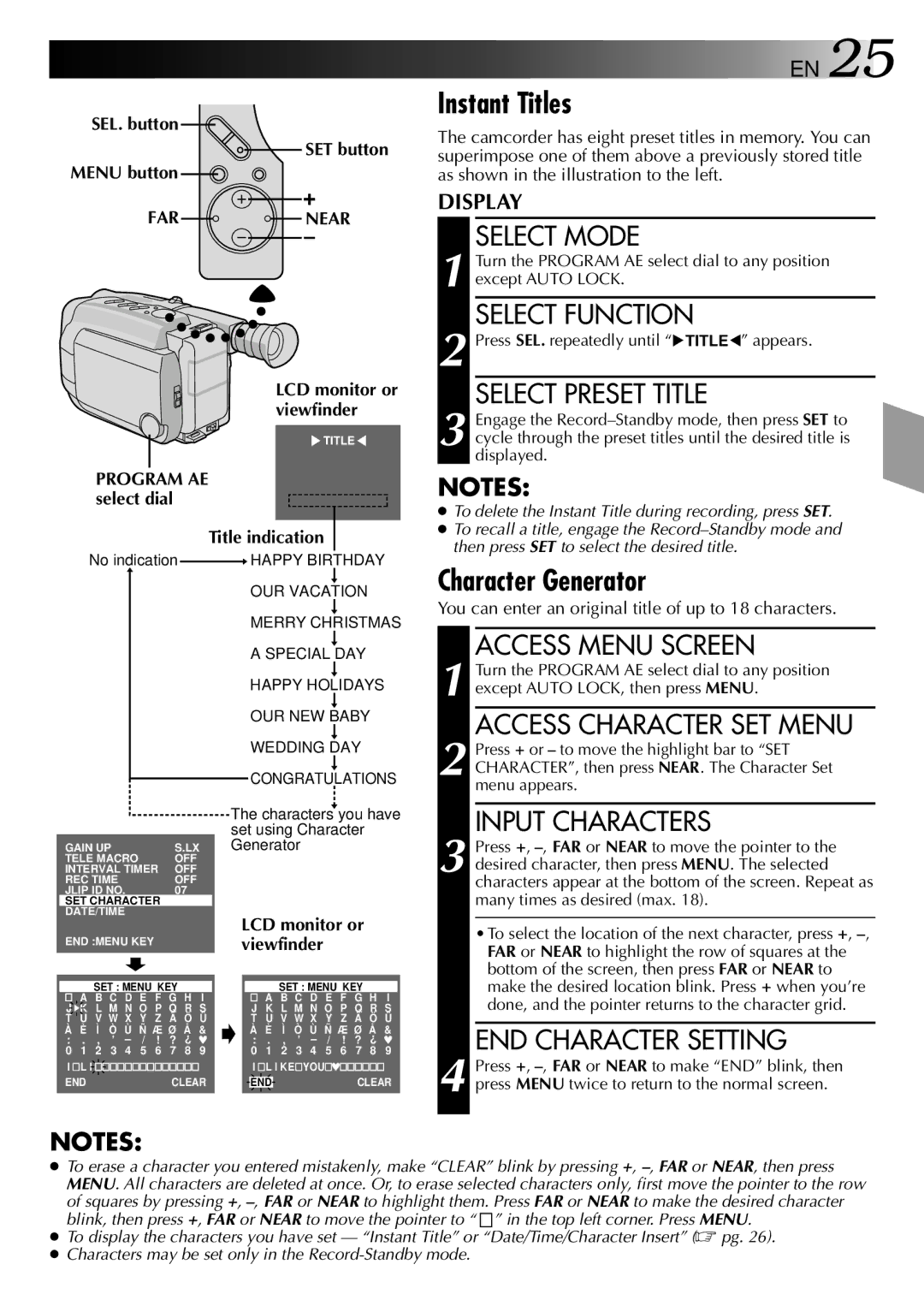 JVC GR-AXM10, GR-AXM20 manual Instant Titles, Character Generator 