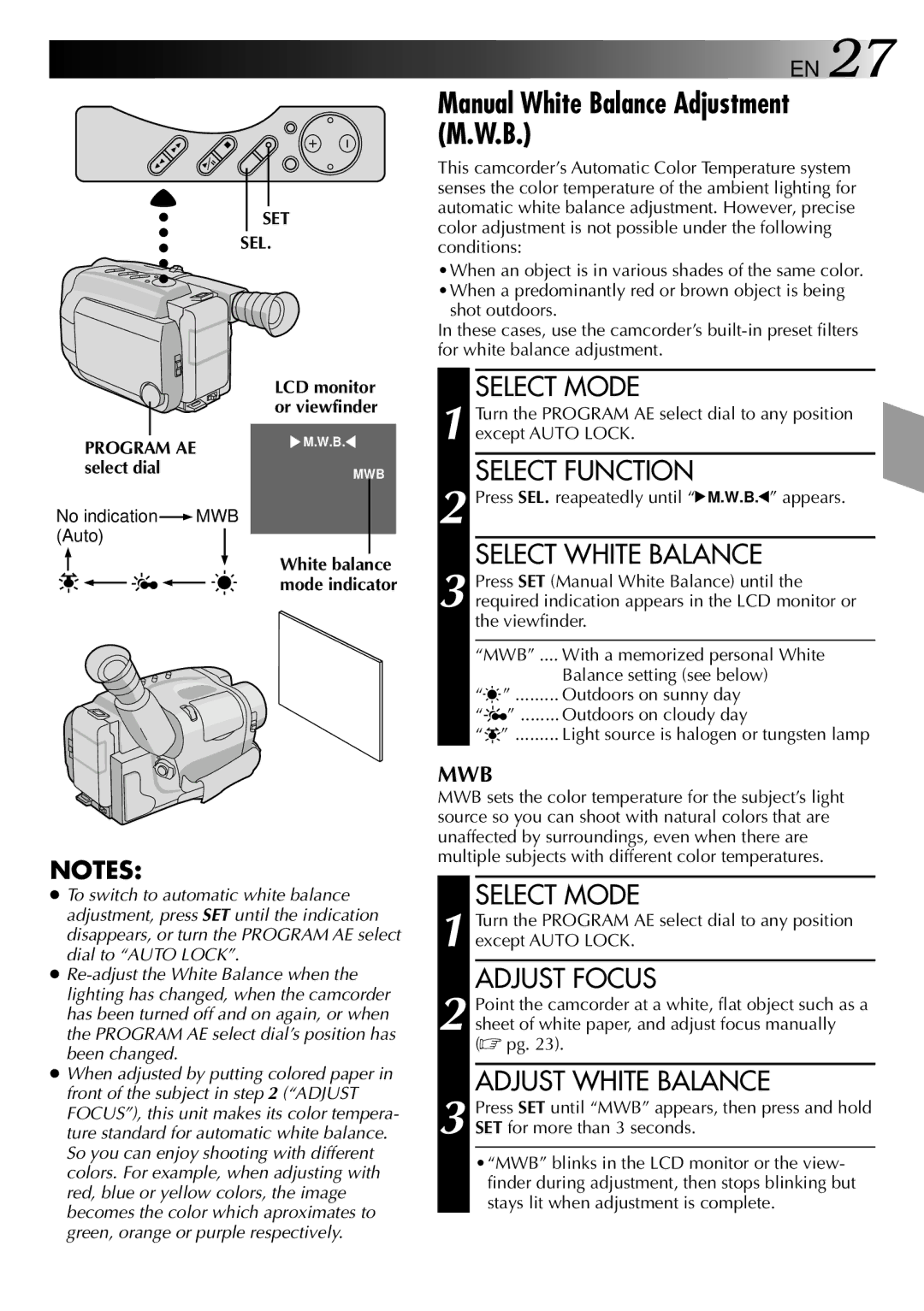 JVC GR-AXM10, GR-AXM20 Manual White Balance Adjustment M.W.B, Select White Balance, Adjust Focus, Adjust White Balance 