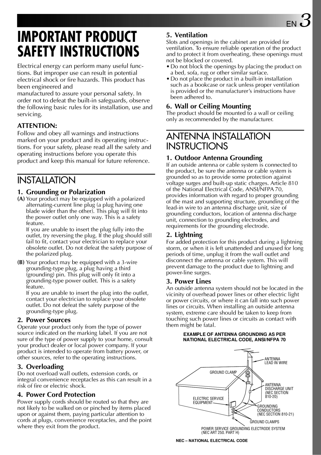 JVC GR-AXM10, GR-AXM20 manual Antenna Installation Instructions 