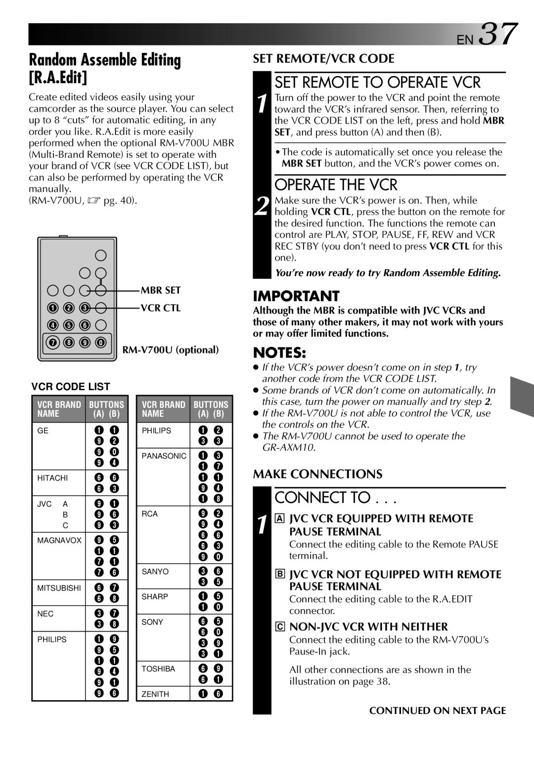 JVC GR-AXM10, GR-AXM20 Random Assemble Editing R.A.Edit, SET Remote to Operate VCR, Operate the VCR, Connect to, On Next 