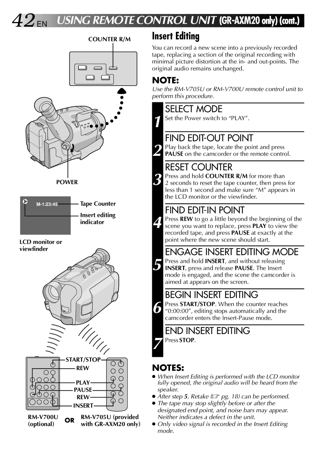 JVC GR-AXM20, GR-AXM10 manual Counter R/M Power, Indicator, START/STOP REW Play Pause Insert 