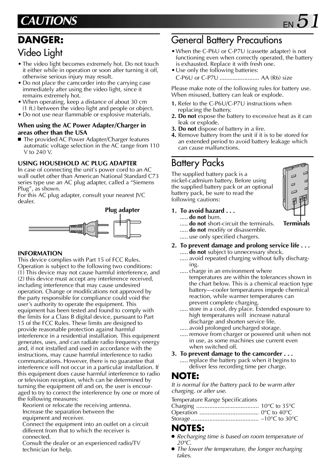 JVC GR-AXM10, GR-AXM20 manual Using Household AC Plug Adapter, Plug adapter, To avoid hazard, Information 