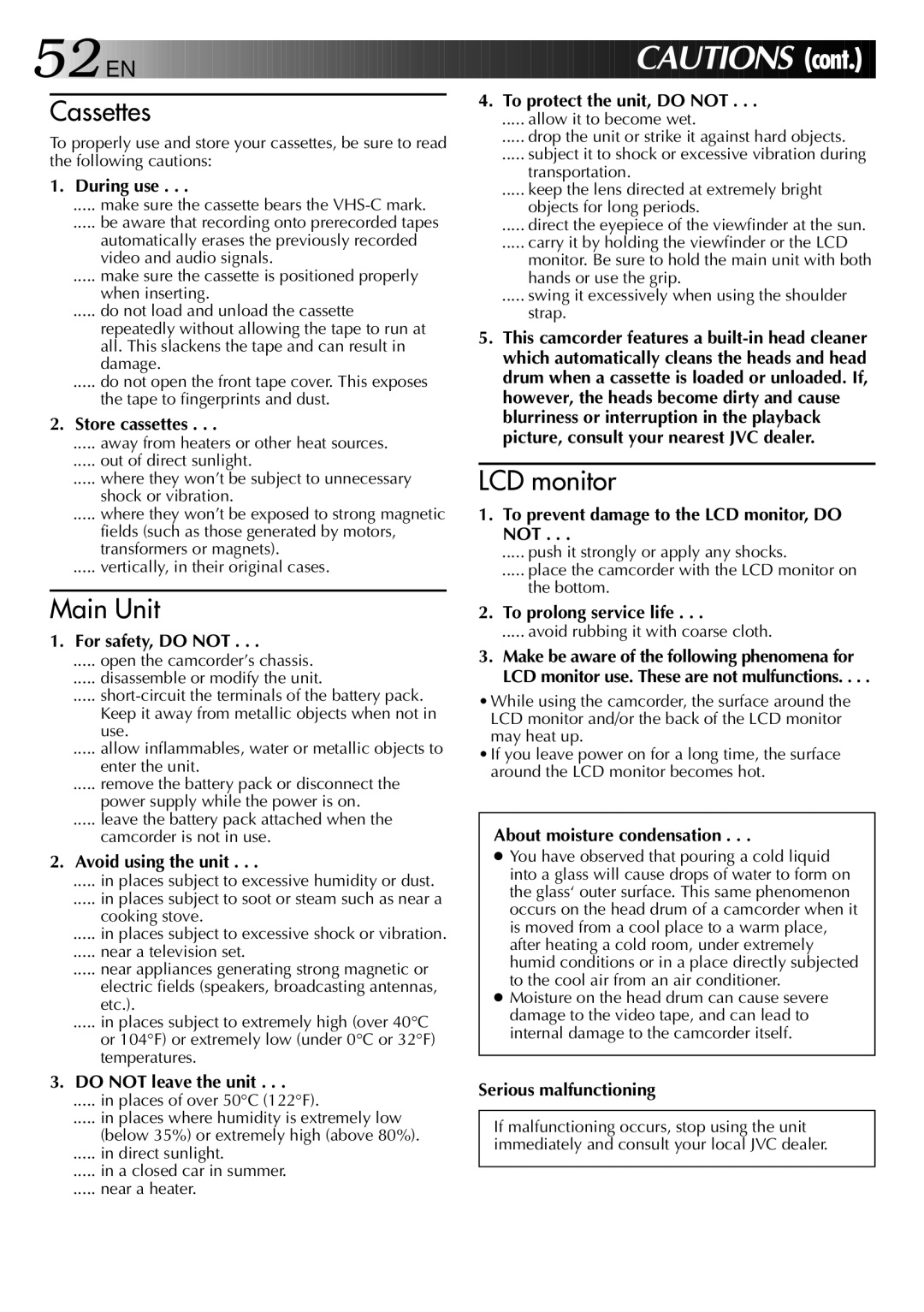 JVC GR-AXM20, GR-AXM10 During use, Store cassettes, For safety, do not, Avoid using the unit, To protect the unit, do not 