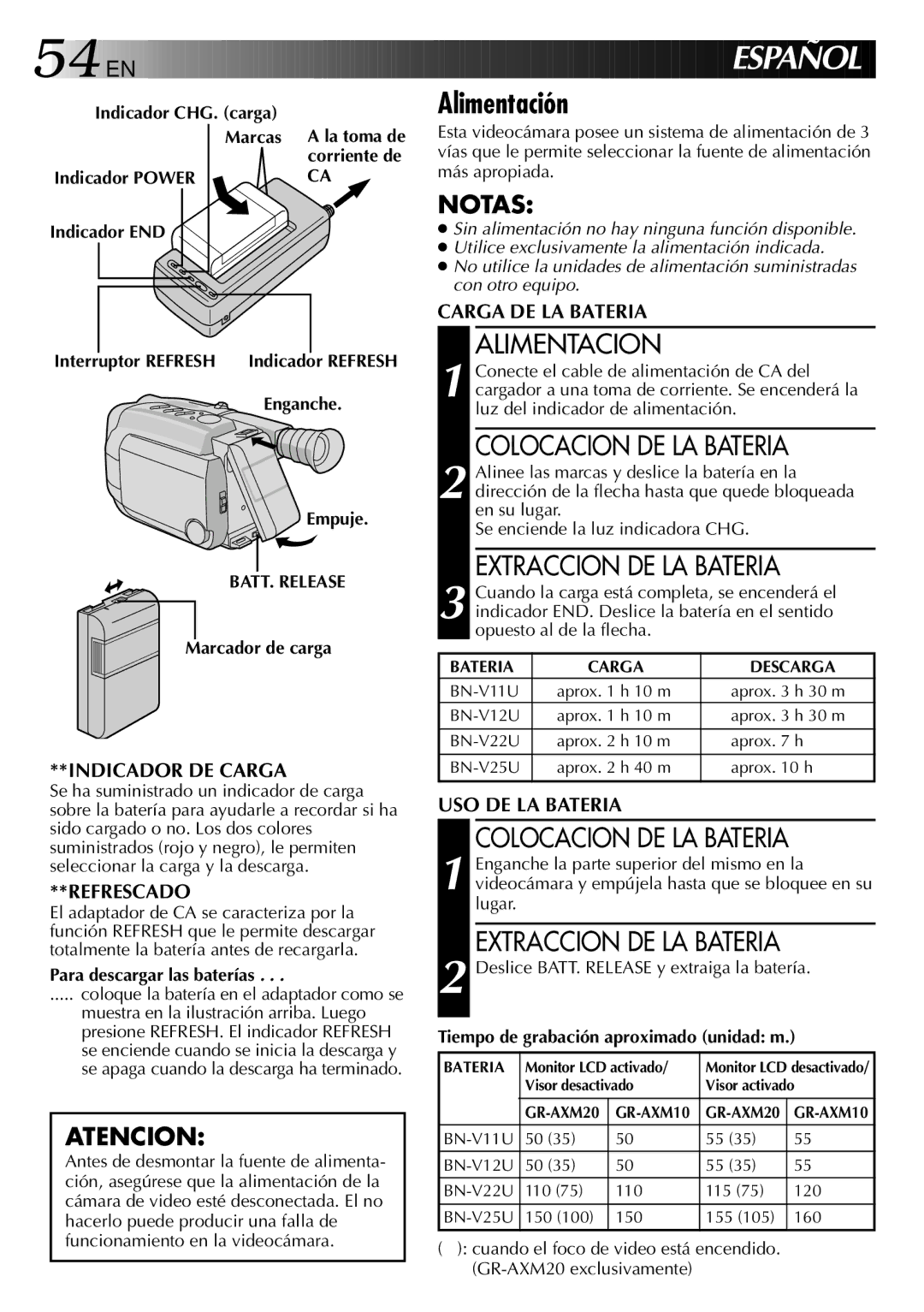 JVC GR-AXM20, GR-AXM10 manual Alimentación, Alimentacion, Colocacion DE LA Bateria, Extraccion DE LA Bateria 