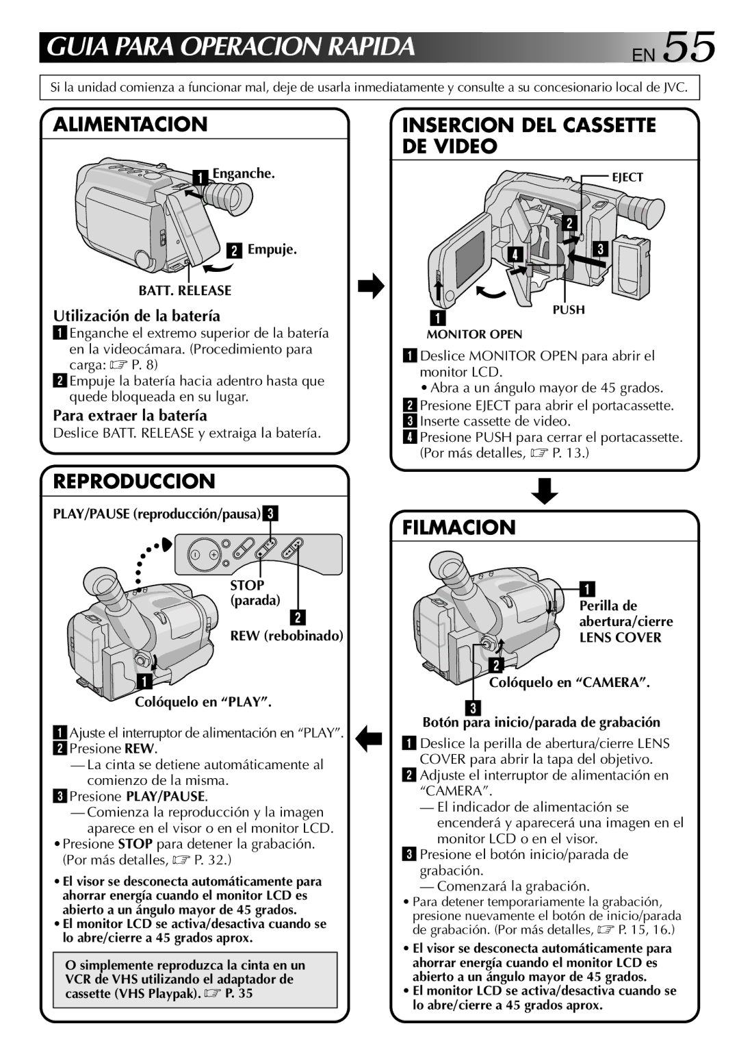 JVC GR-AXM10, GR-AXM20 manual PLAY/PAUSE reproducción/pausa3, REW rebobinado Colóquelo en Play 