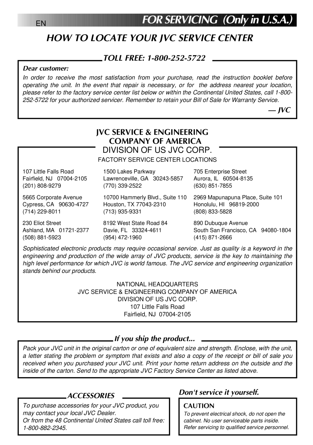 JVC GR-AXM20, GR-AXM10 manual EN FO R Servicing O nly i n U.S.A, HOW to Locate Your JVC Service Center 