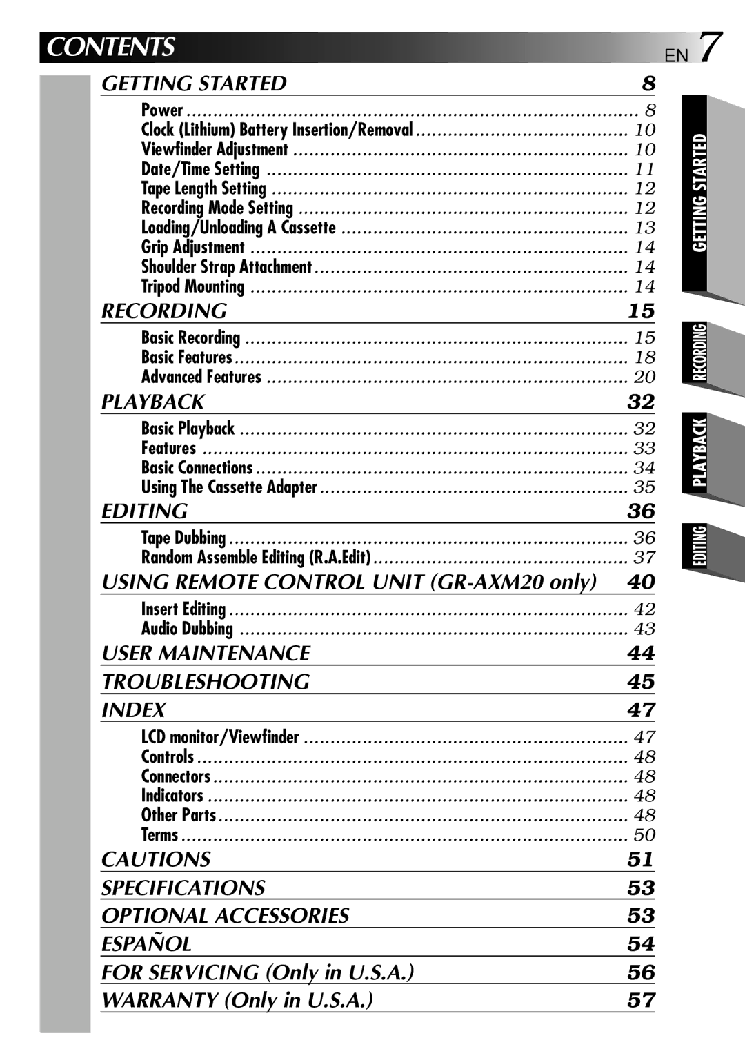 JVC GR-AXM10, GR-AXM20 manual Contents 