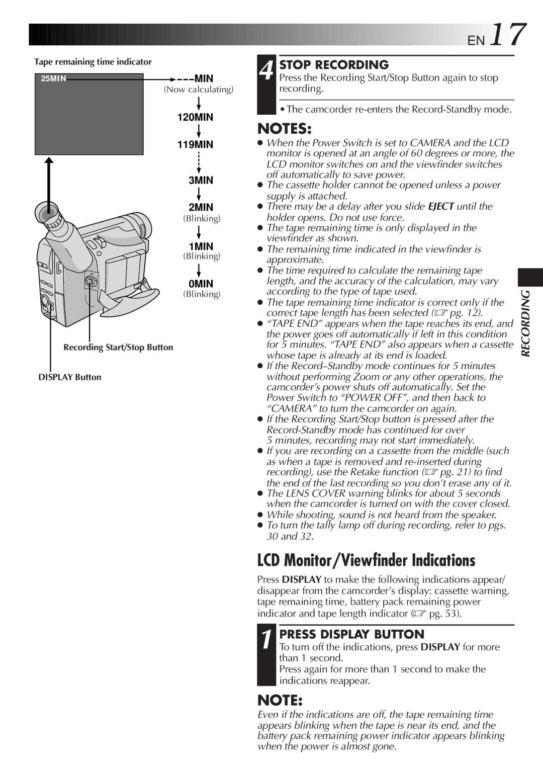 JVC GR-AXM217UM manual Stop Recording, Press Display Button 