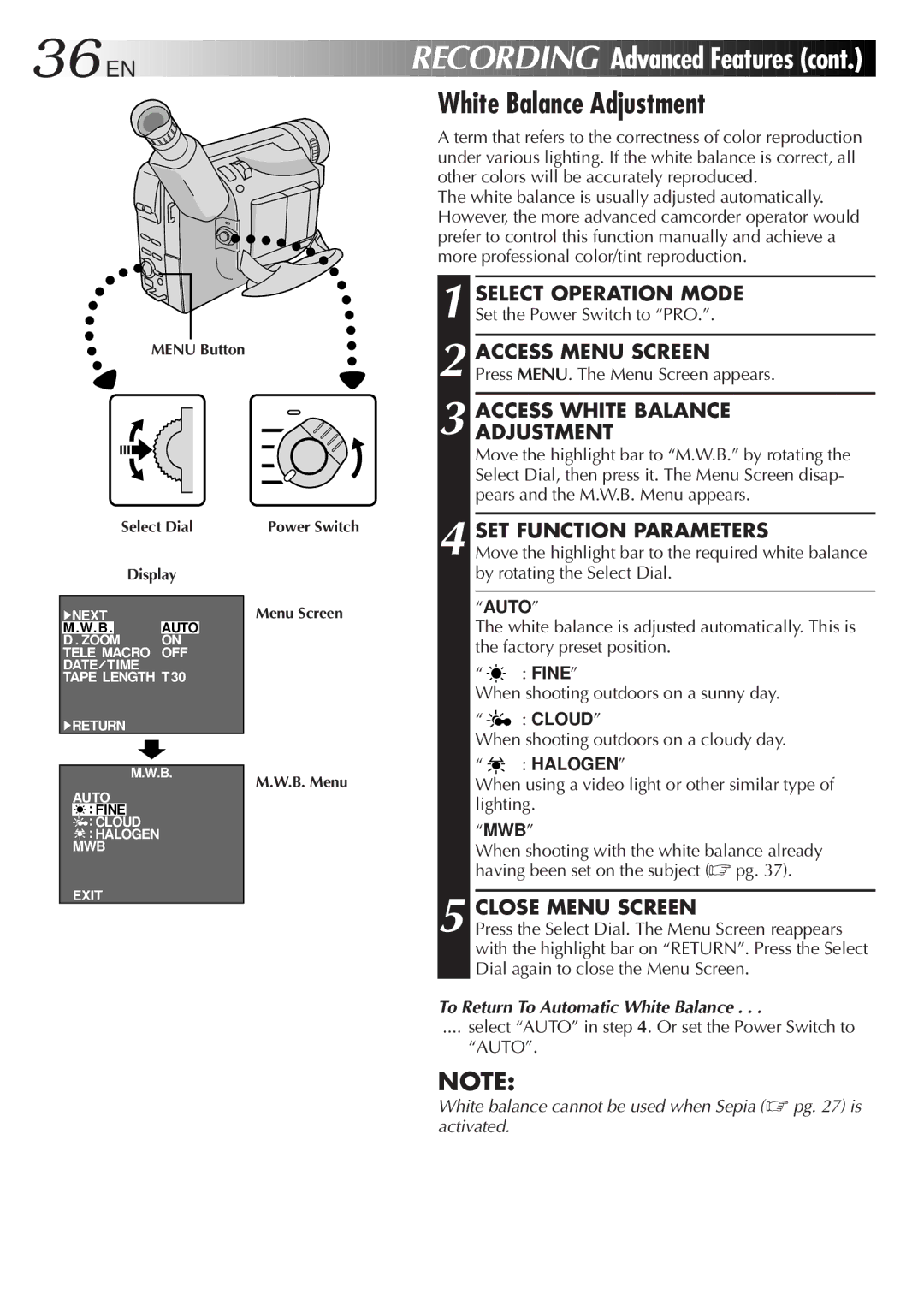 JVC GR-AXM217UM manual Access White Balance Adjustment, SET Function Parameters, To Return To Automatic White Balance 