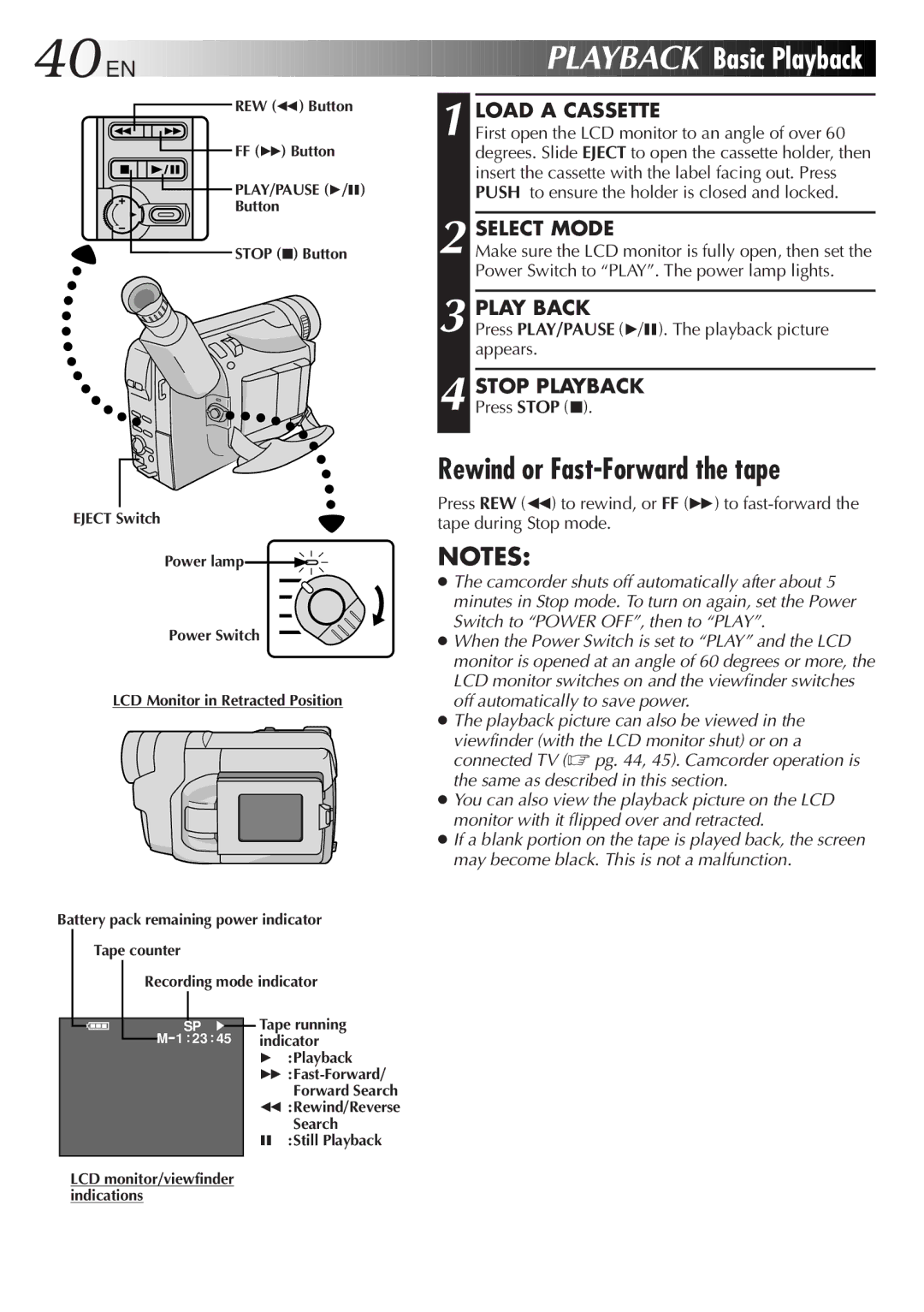 JVC GR-AXM217UM manual Playback Basic Playback, Rewind or Fast-Forward the tape, Play Back, Stop Playback 