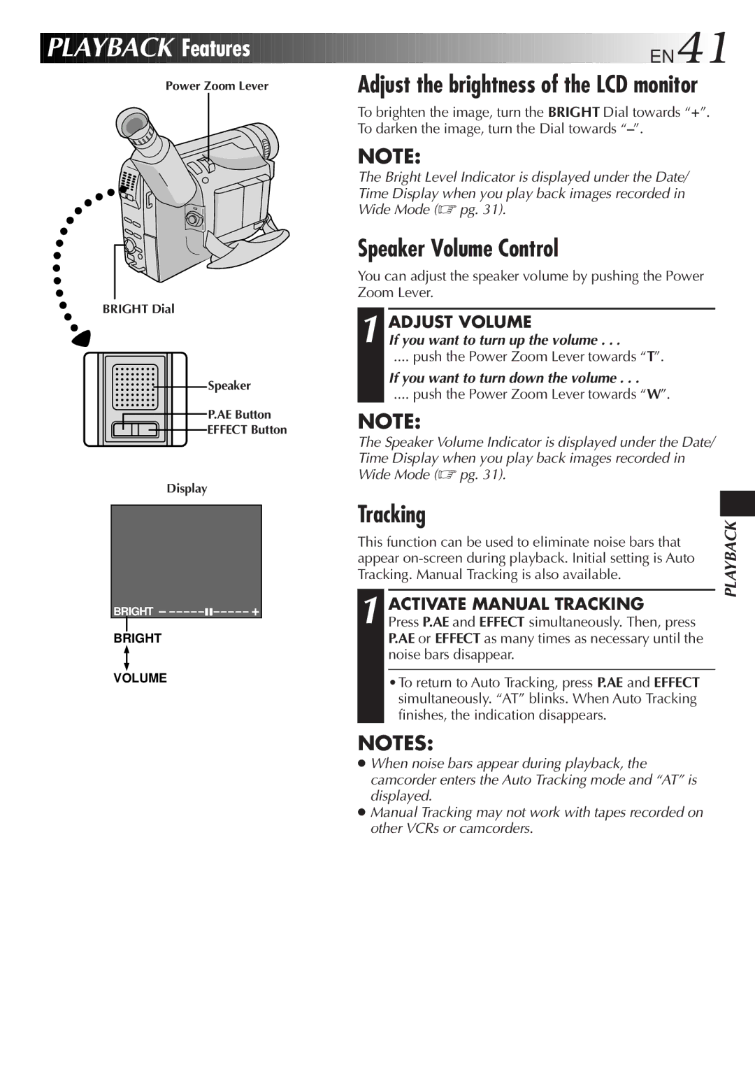 JVC GR-AXM217UM manual Speaker Volume Control, Adjust Volume, Activate Manual Tracking 