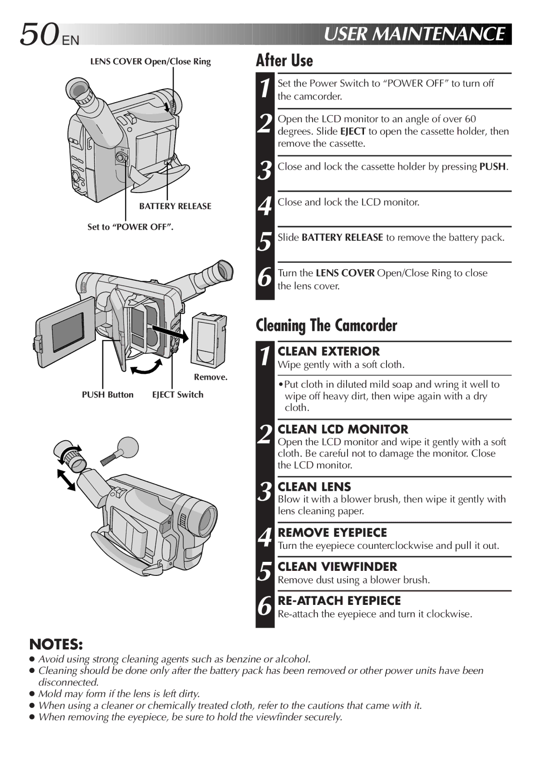 JVC GR-AXM217UM manual After Use, Cleaning The Camcorder 