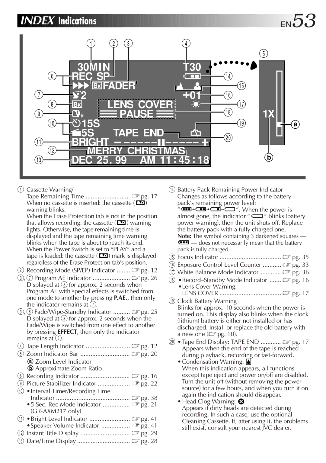 JVC GR-AXM217UM manual Tape Remaining Time, Displayed and the tape remaining time warning, Clock Battery Warning 