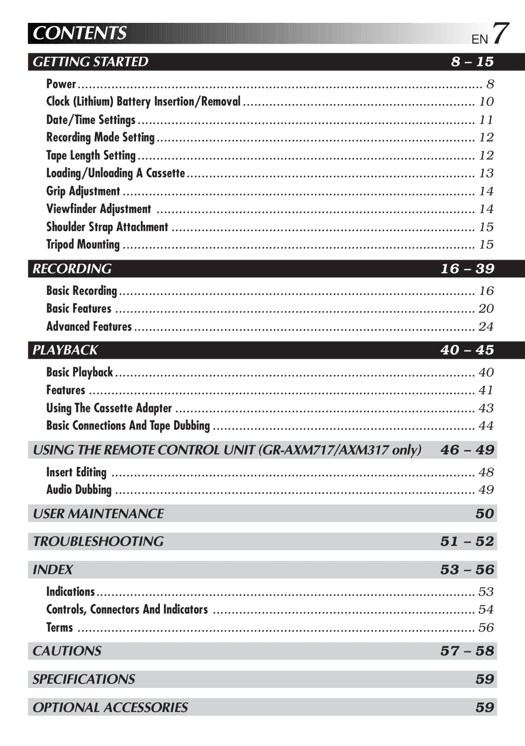 JVC GR-AXM217UM manual Contents 