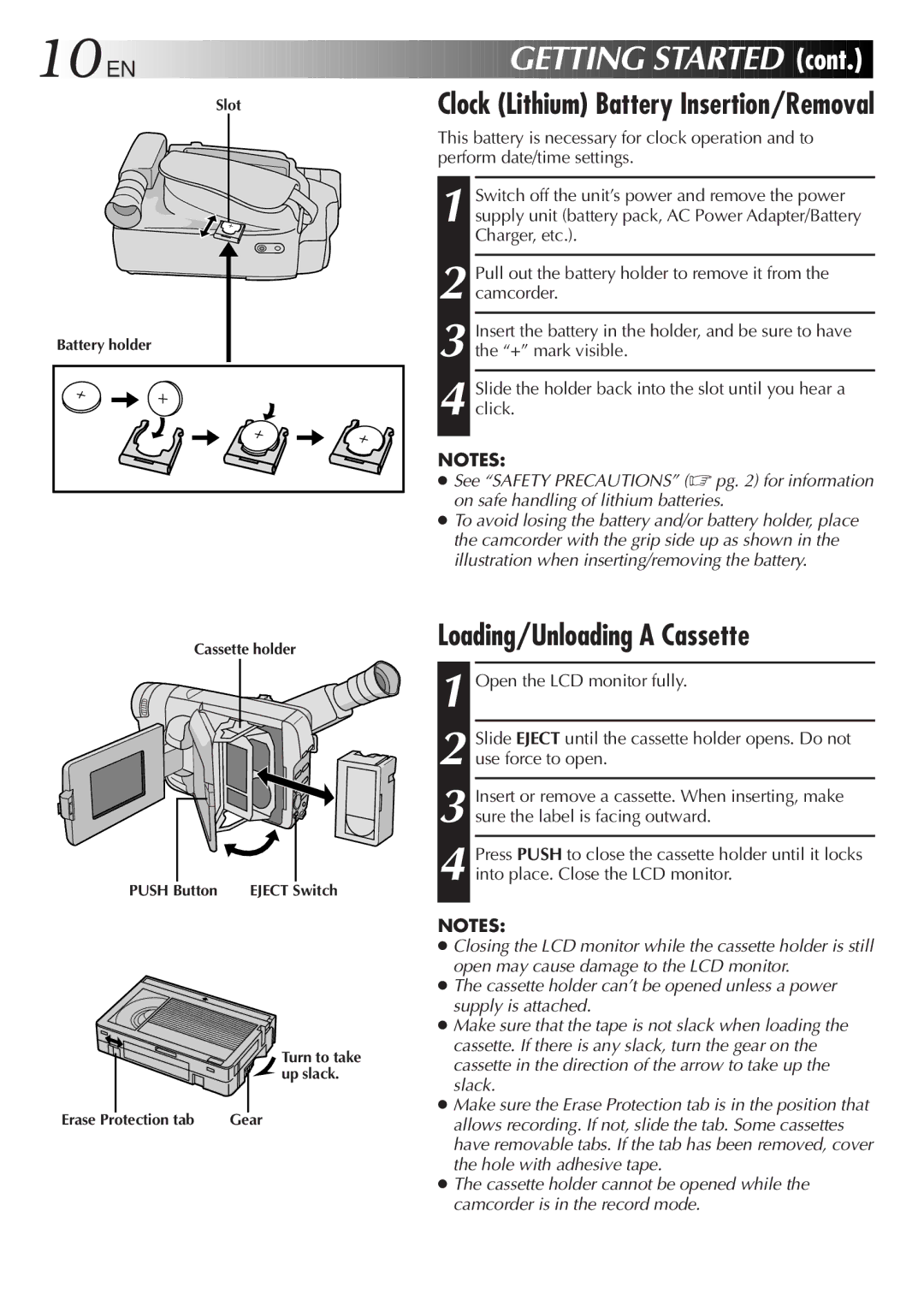 JVC GR-AXM220 specifications 10 EN, Getting Started, Clock Lithium Battery Insertion/Removal, Loading/Unloading a Cassette 