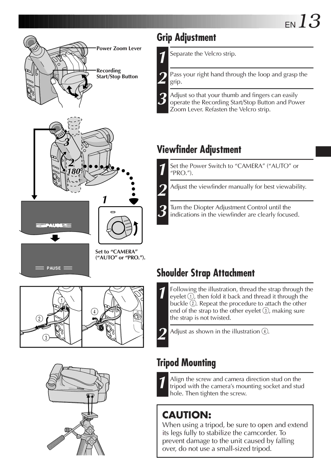 JVC GR-AXM220 specifications Grip Adjustment, Viewfinder Adjustment, Shoulder Strap Attachment, Tripod Mounting 