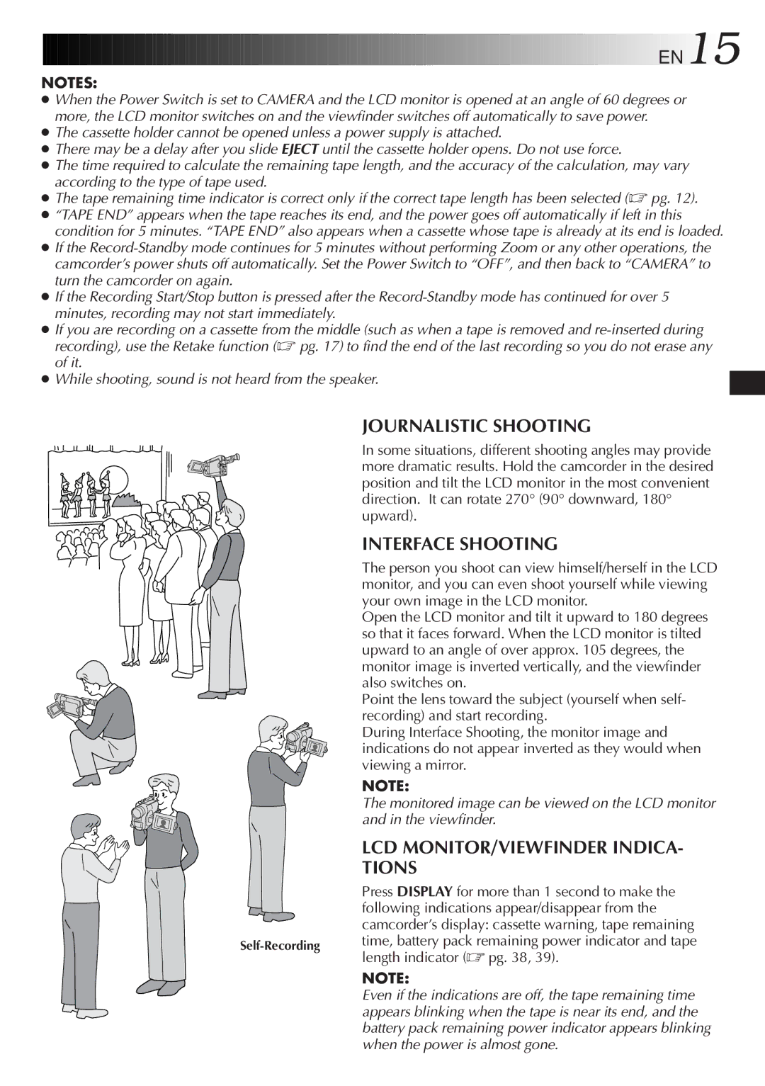 JVC GR-AXM220 specifications Journalistic Shooting, Interface Shooting, LCD MONITOR/VIEWFINDER Indica Tions 