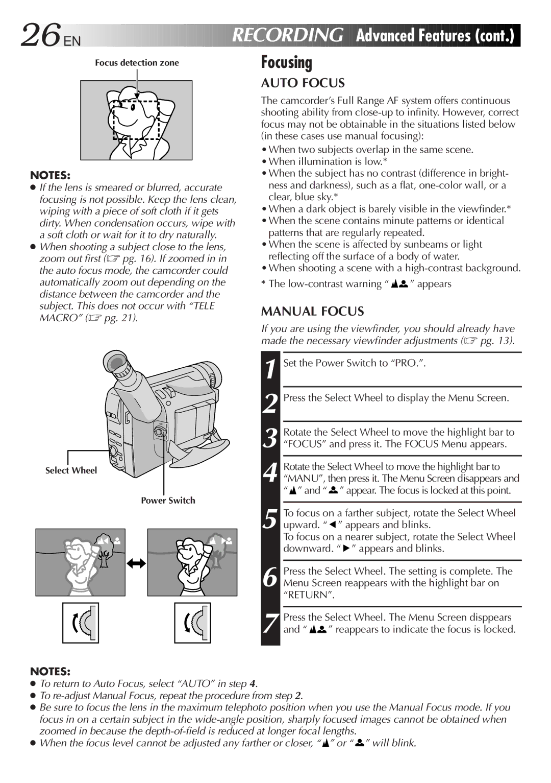 JVC GR-AXM220 specifications 26 EN, Focusing, Auto Focus, Manual Focus, Patterns that are regularly repeated 