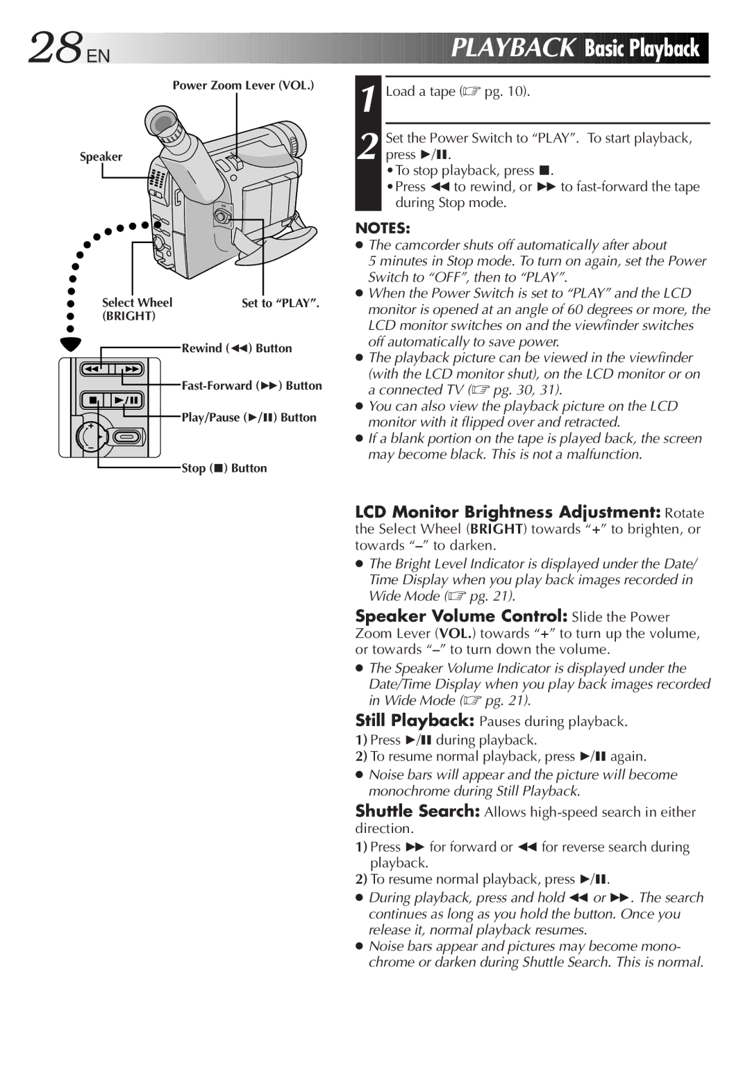 JVC GR-AXM220 specifications 28 EN, Playback Basic Playback 