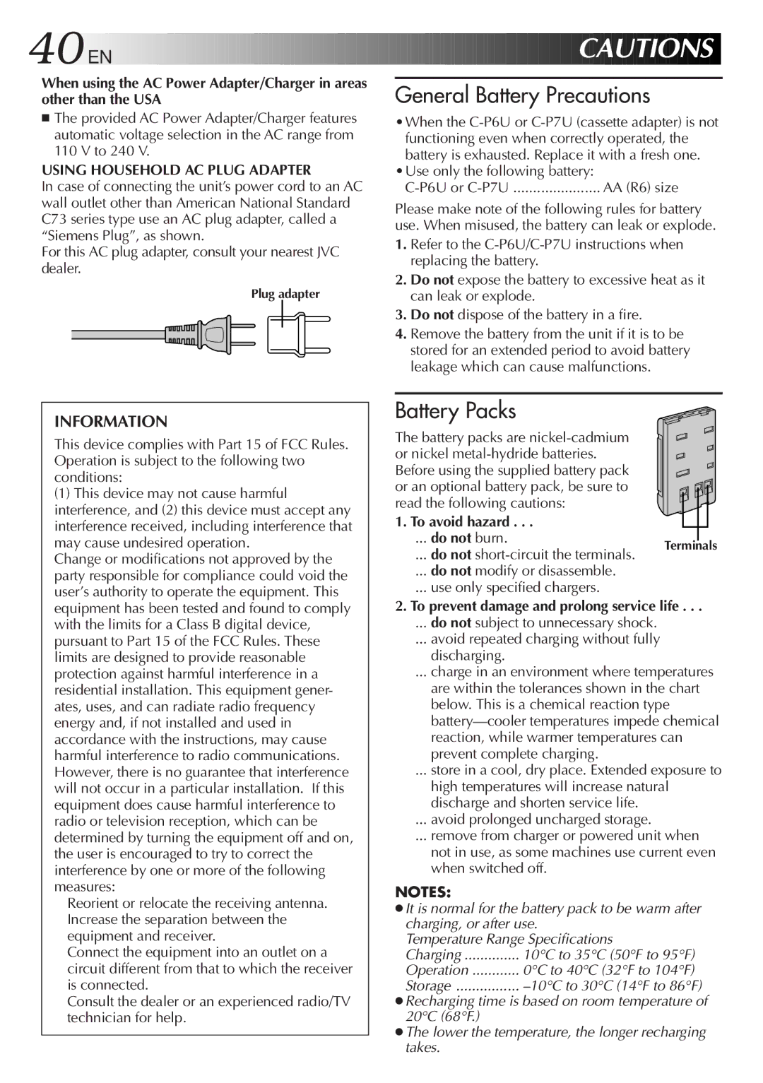 JVC GR-AXM220 specifications EN Cautions, Use only the following battery P6U or C-P7U, To avoid hazard 