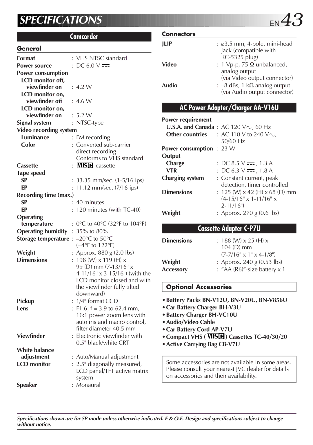 JVC GR-AXM220 specifications Specifications 