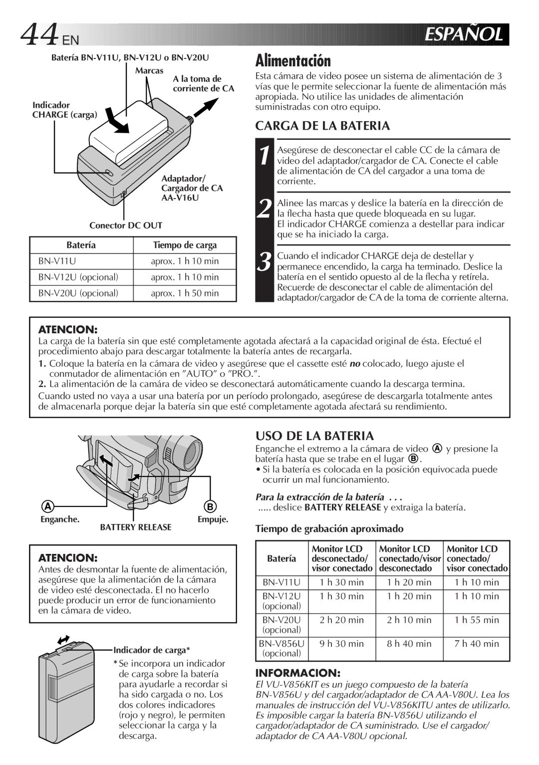 JVC GR-AXM220 specifications 44 EN, Español, Alimentación, Carga DE LA Bateria, USO DE LA Bateria 