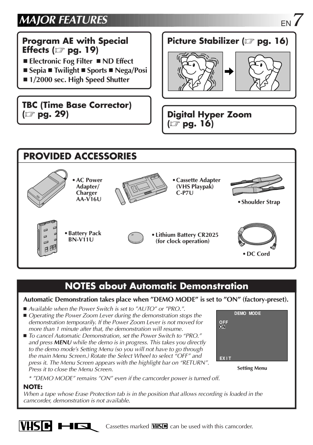 JVC GR-AXM220 specifications Major Features, AC Power Cassette Adapter VHS Playpak Charger P7U AA-V16U 