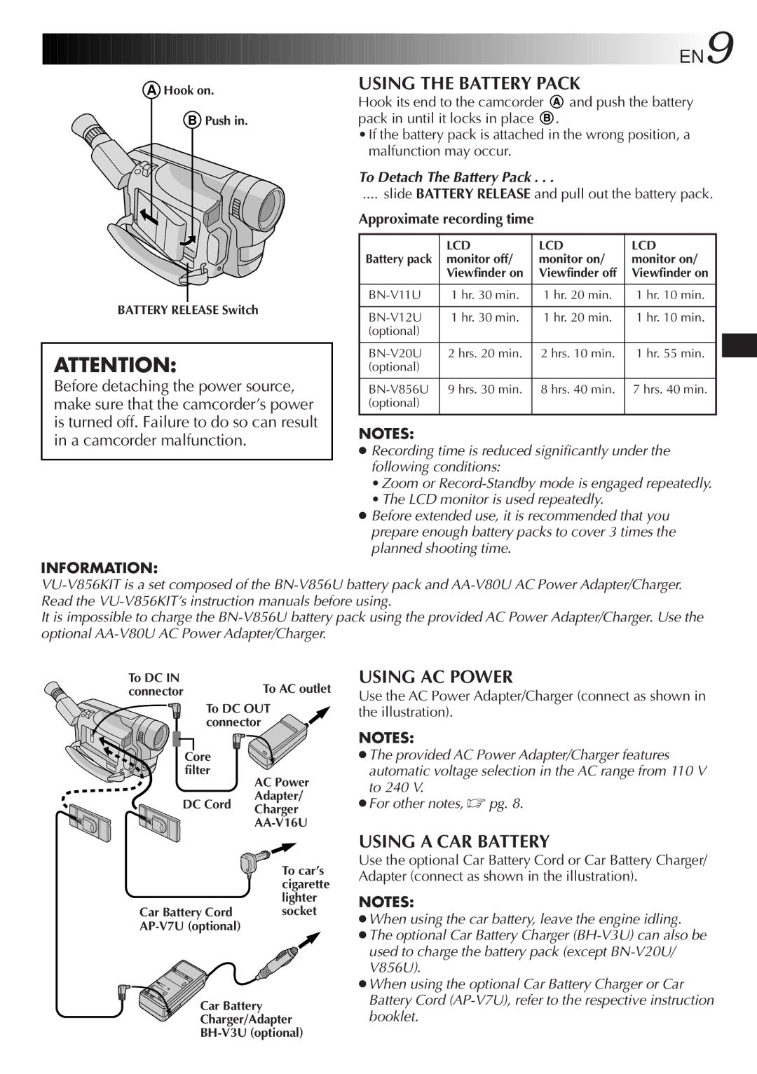 JVC GR-AXM220 specifications Using the Battery Pack, Using AC Power, Using a CAR Battery, Approximate recording time 