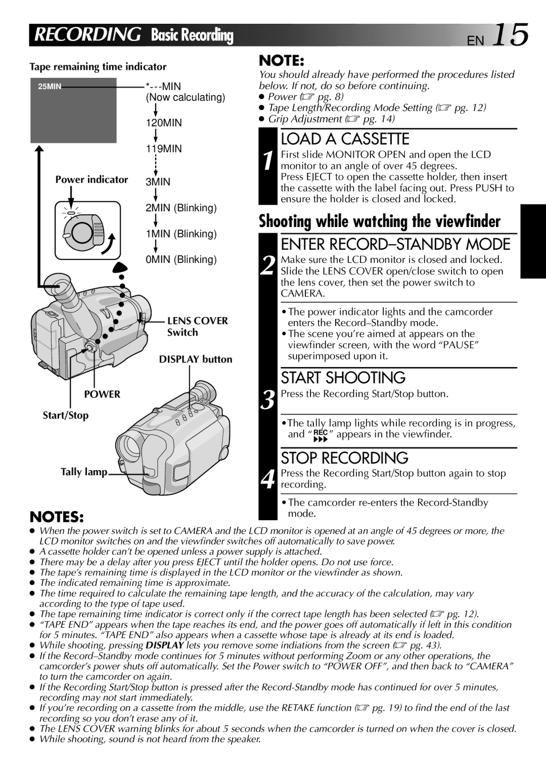 JVC GR-AXM22UM manual Load a Cassette, Enter RECORD-STANDBY Mode, Start Shooting, Stop Recording 