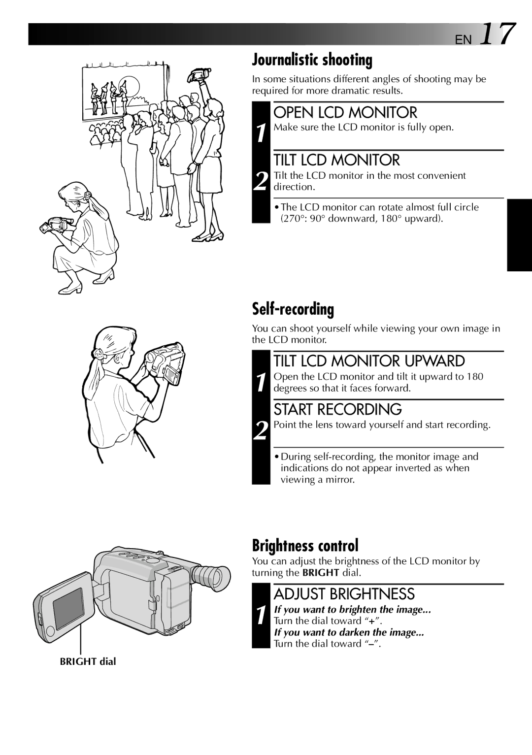 JVC GR-AXM22UM manual Journalistic shooting, Self-recording, Brightness control 