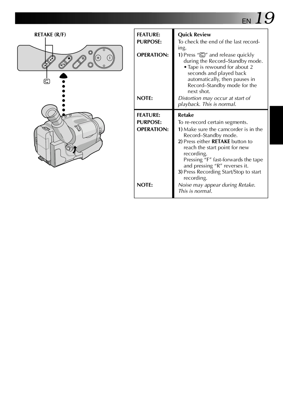 JVC GR-AXM22UM manual Feature, Quick Review, Retake 