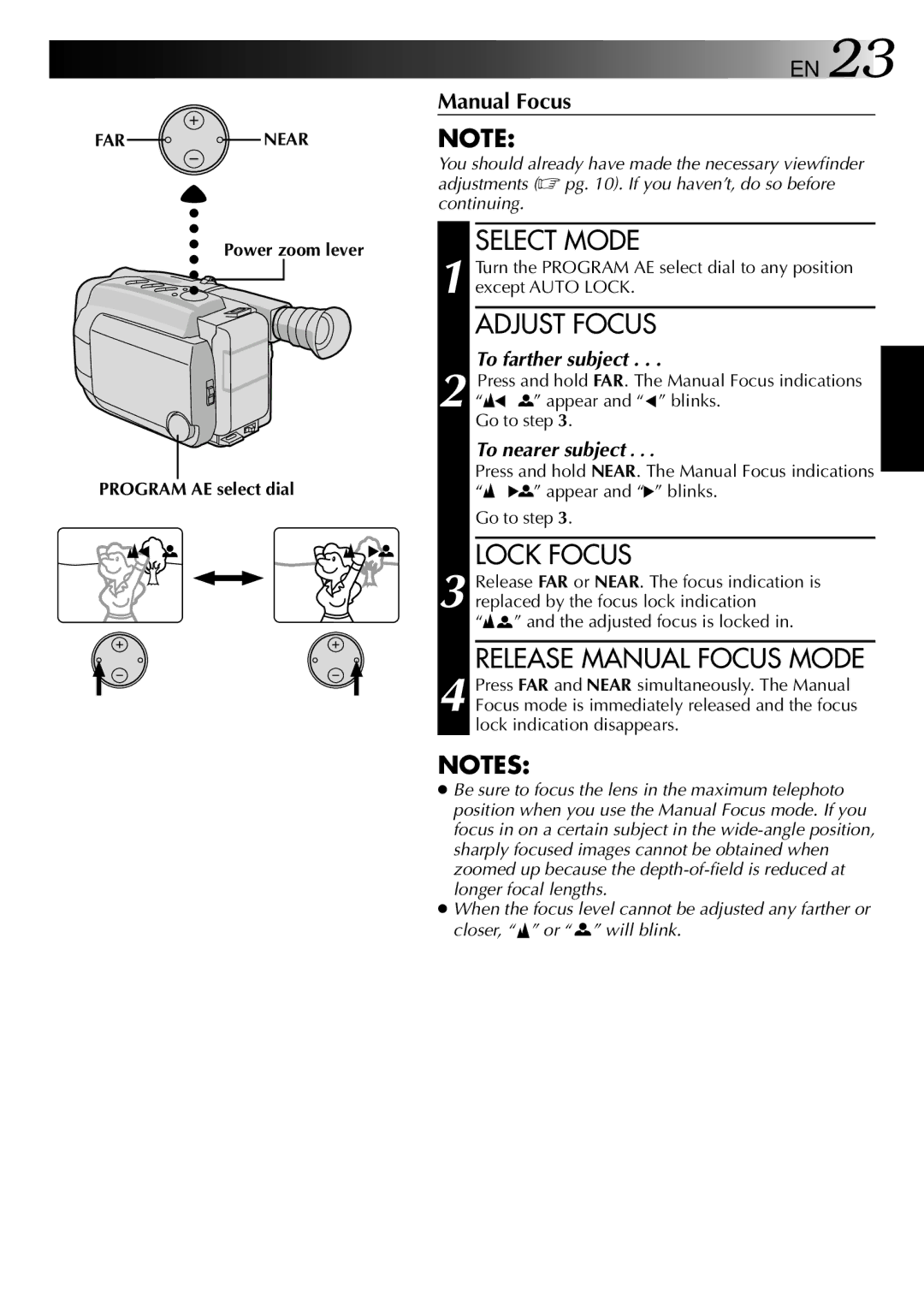 JVC GR-AXM22UM manual FAR Near, Power zoom lever Program AE select dial 