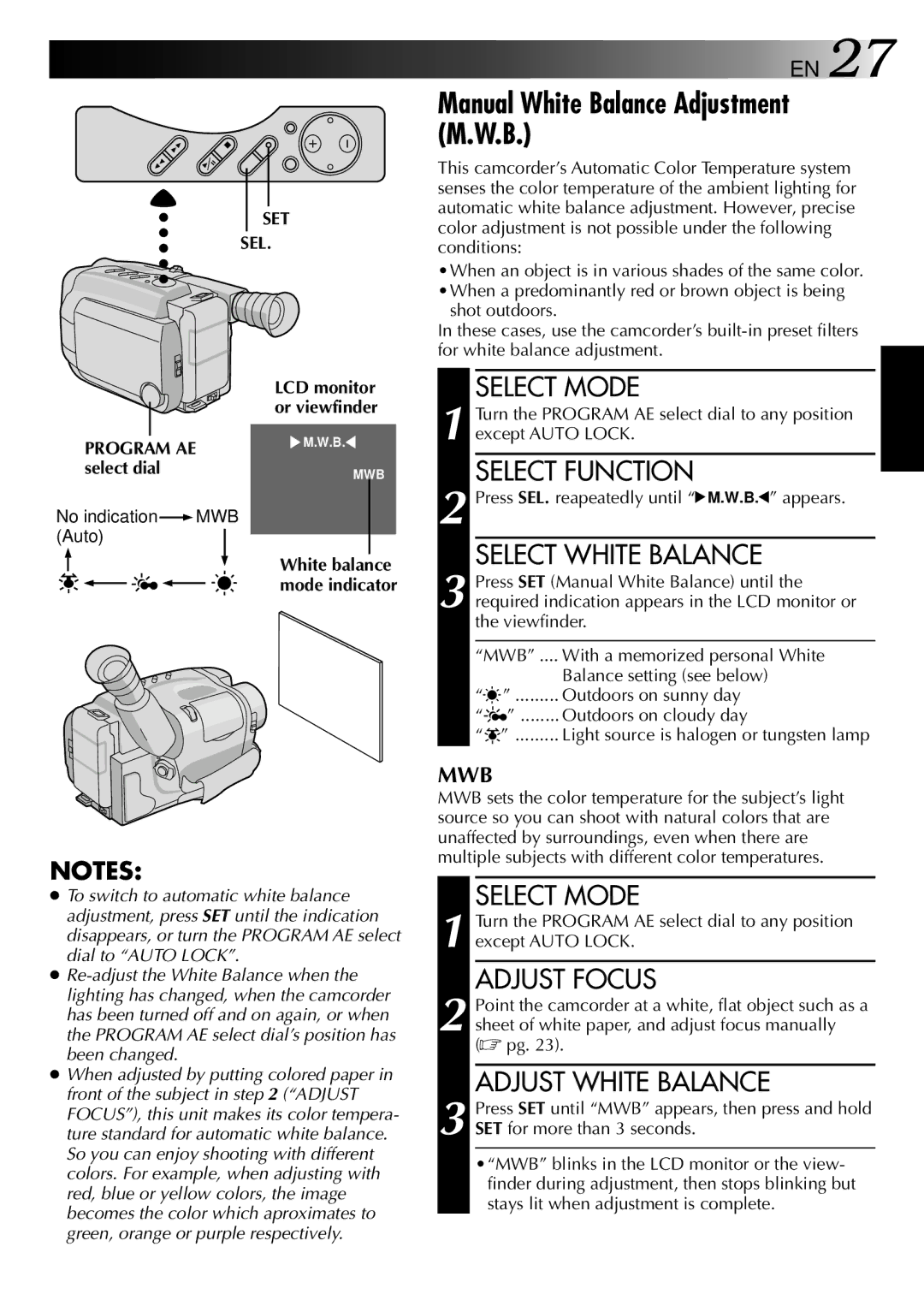 JVC GR-AXM22UM manual Manual White Balance Adjustment M.W.B, Select White Balance, Adjust Focus, Adjust White Balance 