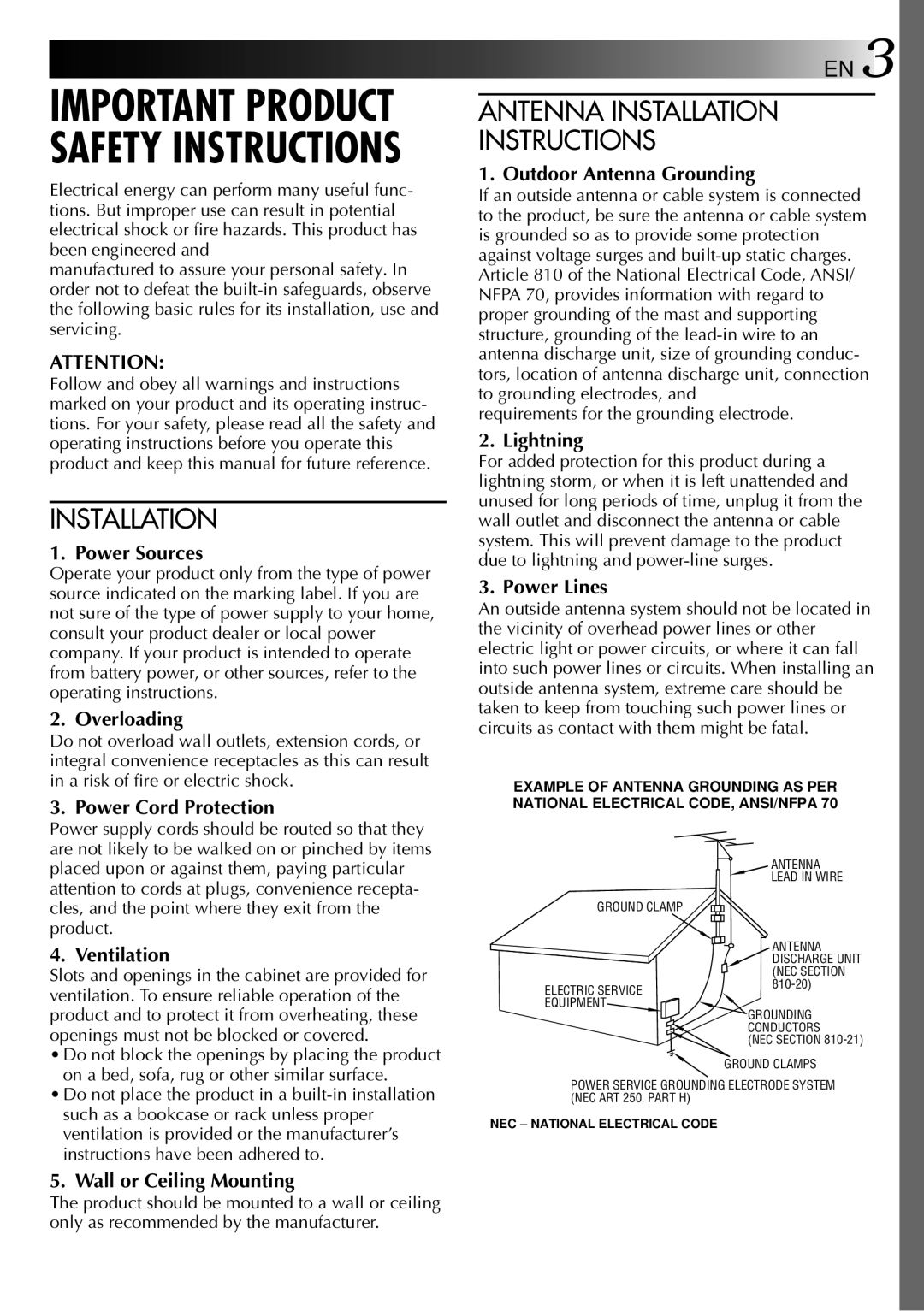 JVC GR-AXM22UM manual Antenna Installation Instructions, Requirements for the grounding electrode 